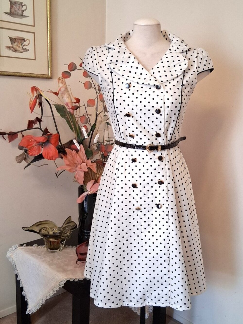 Polka Dots Button Down Belted Dresses Elegant Classy A-Line Summer Midi Dress 8